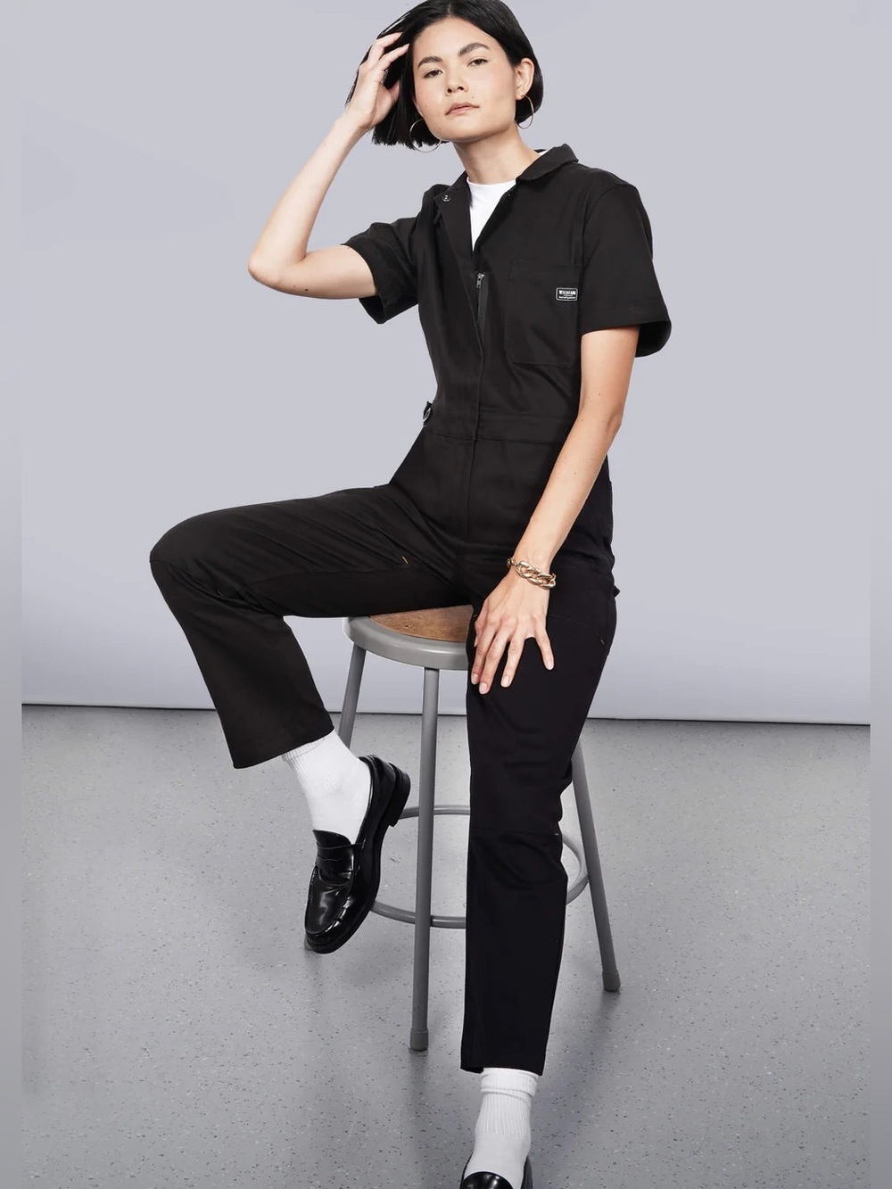 NWT Wildfang Washed Black Essential Short-Sleeve Utility Jumpsuit Coveralls